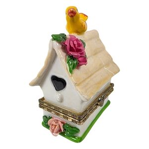 Birdhouse Hinged Trinket Box Ceramic with Yellow Bird & Roses Collectible